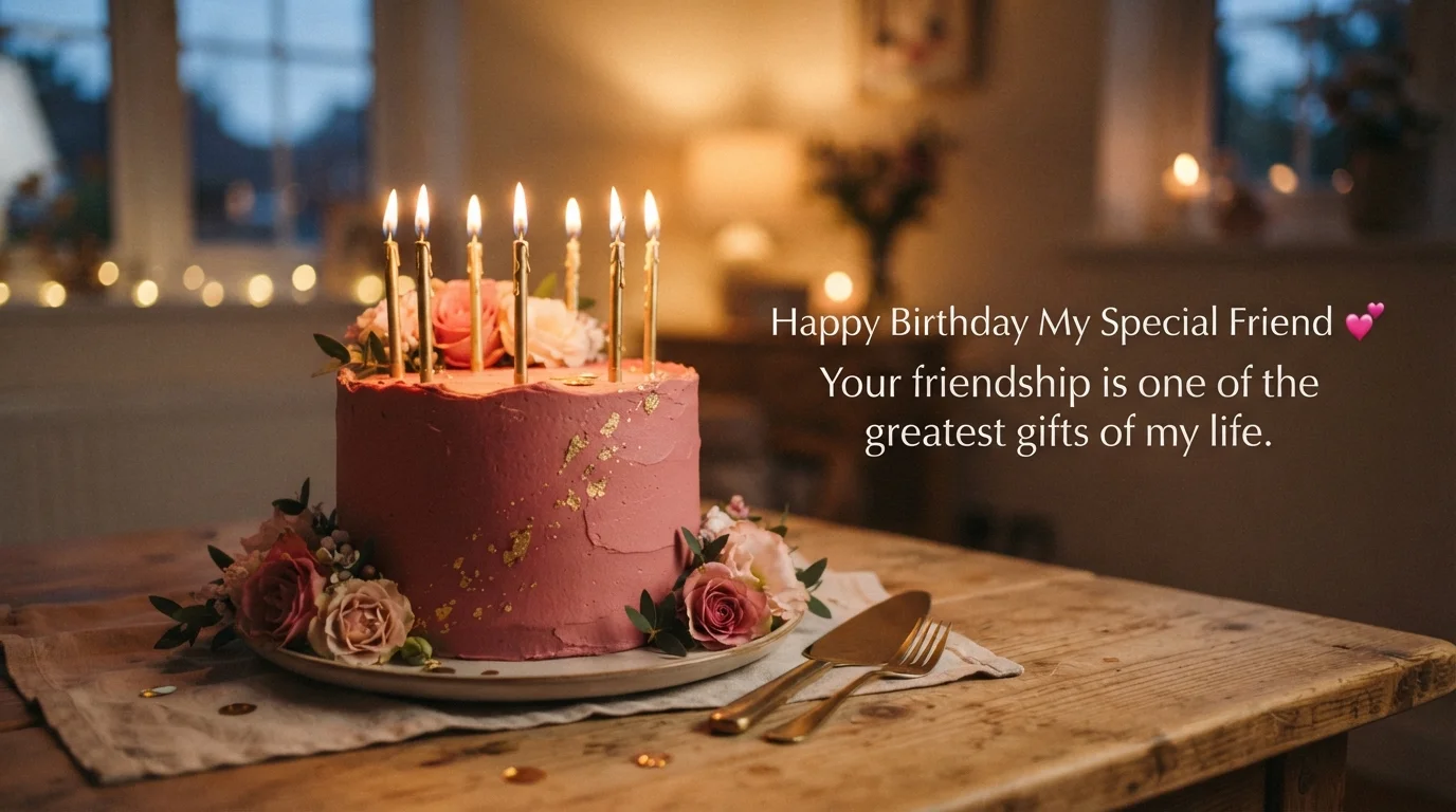 Emotional Birthday Wishes for Best Friend with Cake Background