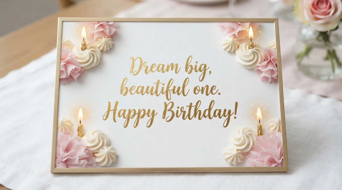 Magical White Birthday Card with Golden Candles and Text