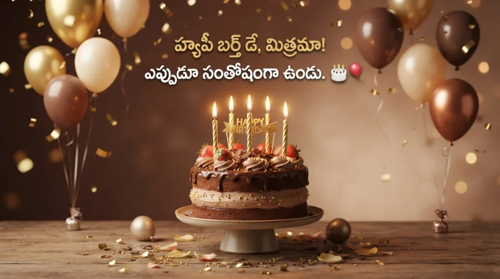 కేక్ మరియు బెలూన్లతో చిన్న తెలుగు పుట్టినరోజు శుభాకాంక్షలు